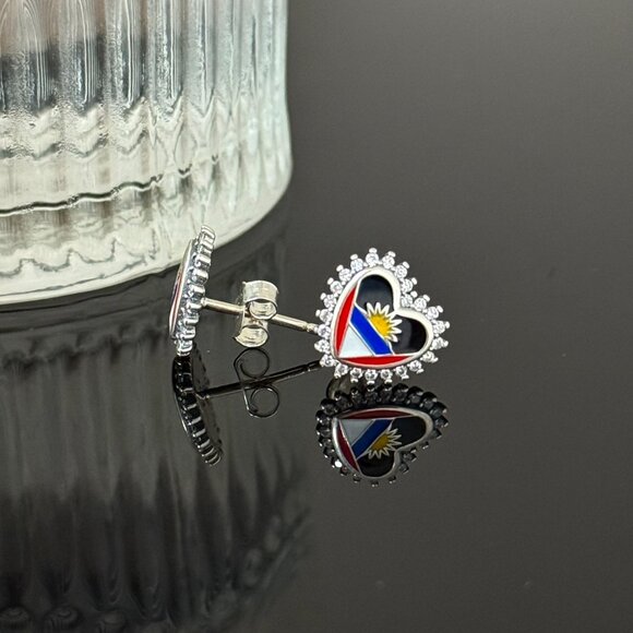 Antigua Flag Earrings Heart bling S925 Sterling Silver Handmade Ear Stud - Picture 2 of 5